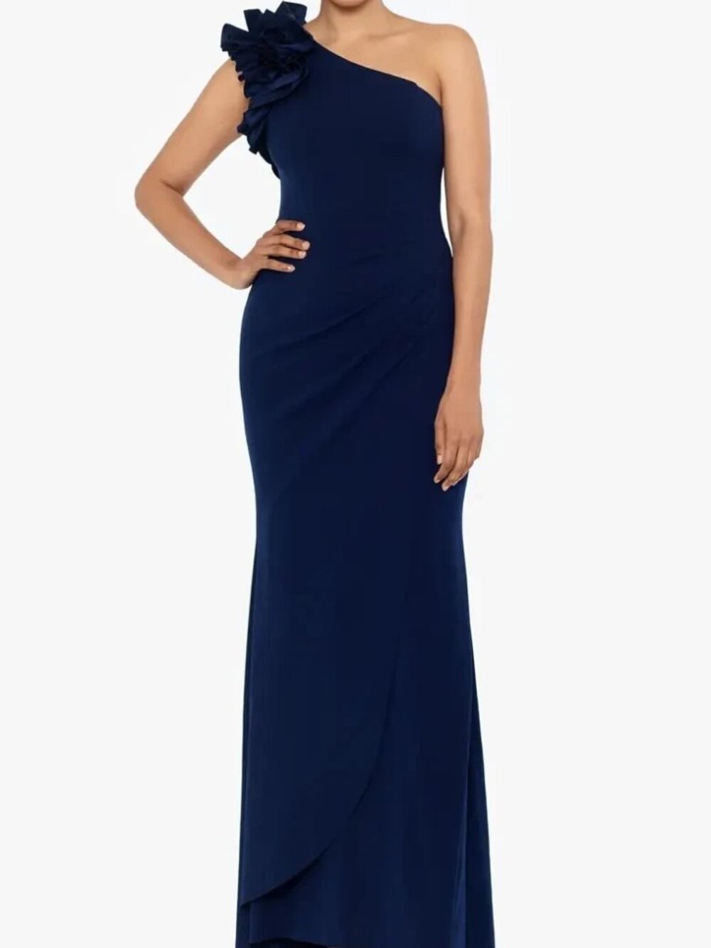 Xscape Navy Blue Ruffle One-Shoulder Scuba Crepe Gown